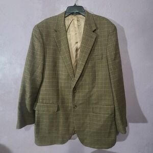 Chaps Mens 44L 100% Lambswool Houndstooth Blazer Brown Green Sport Coat 2 Button